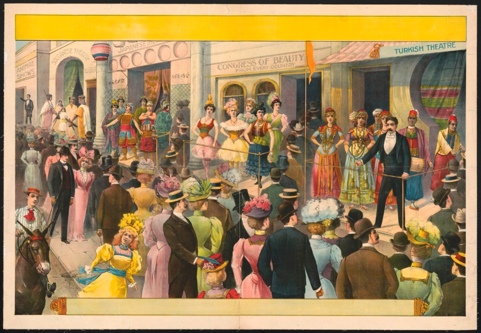 Crowds at a circus sideshow viewing women and some men dressed in costumes of foreign lands LCCN2007682630