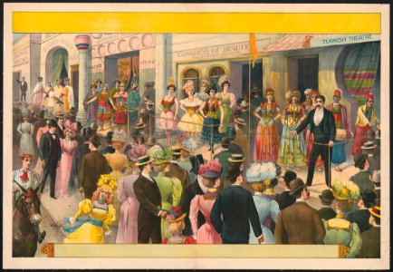 Crowds at a circus sideshow viewing women and some men dressed in costumes of foreign lands LCCN2007682630