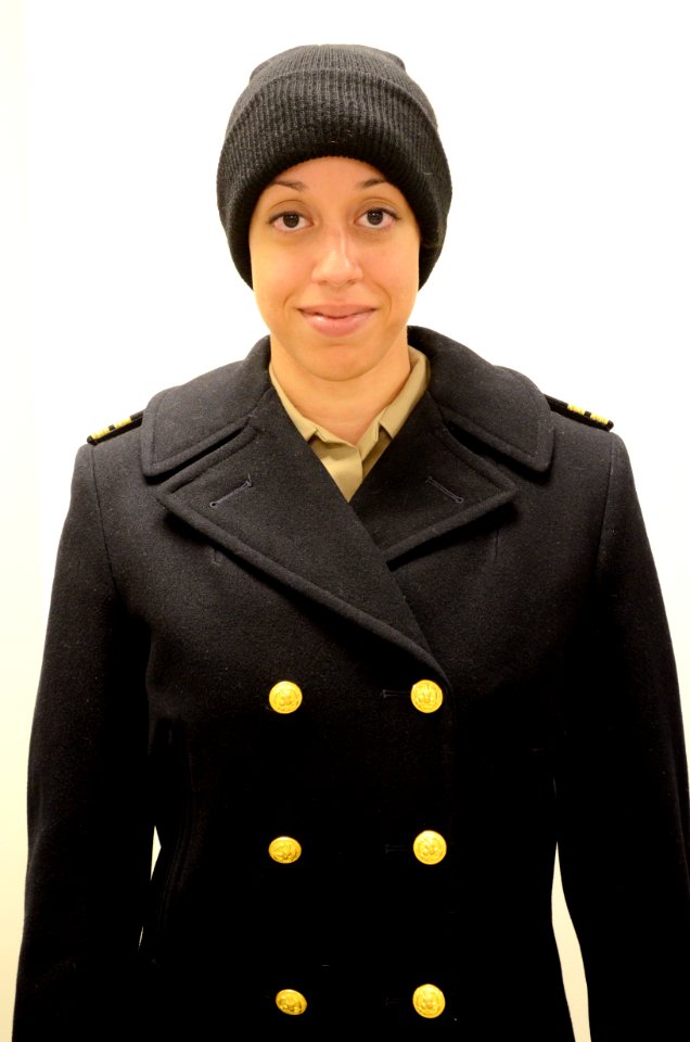 U.S. Navy lieutenant in reefer and watch cap, 2015