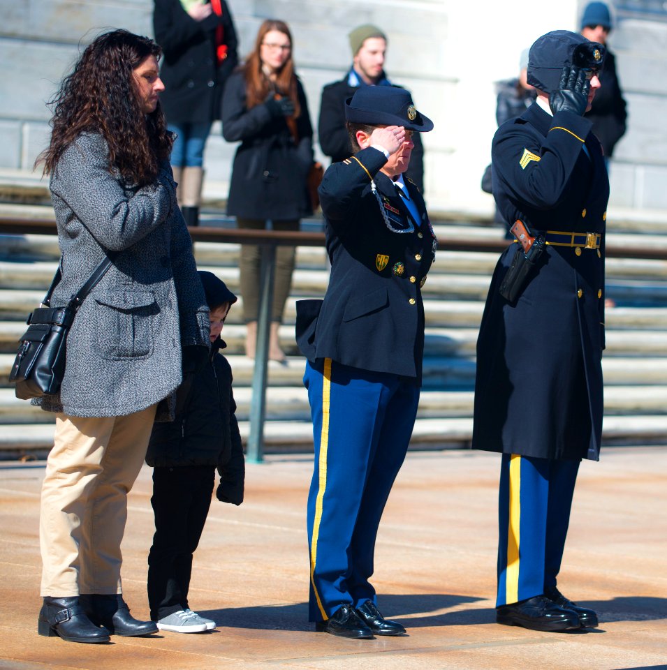 CSM Brenda Curfman Retirement Wreath Laying - salute with family (16334534900)