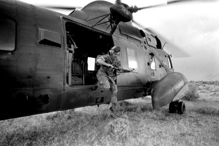 CSAR crewman debarks HC-9 HH-3A 1983