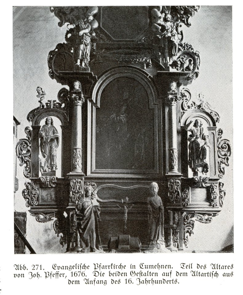 Cumehnen, evangelische Pfarrkirche, Altar von Joh. Pfeffer, 1676, Detail