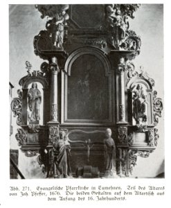 Cumehnen, evangelische Pfarrkirche, Altar von Joh. Pfeffer, 1676, Detail