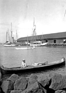 Cuna-indian i sin kanot på besök i Colons hamn. Stam, Cuna. Lokal, Colon, Panamá, C.Z. Colon - SMVK - 004495