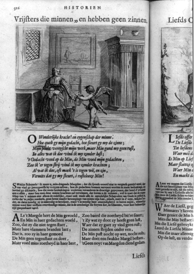 Cupid delivering a letter (to seated woman; above page of poetry in Dutch) LCCN2002697623