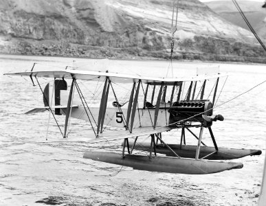 Curtiss R-9L on hoist of seplane tender c1920