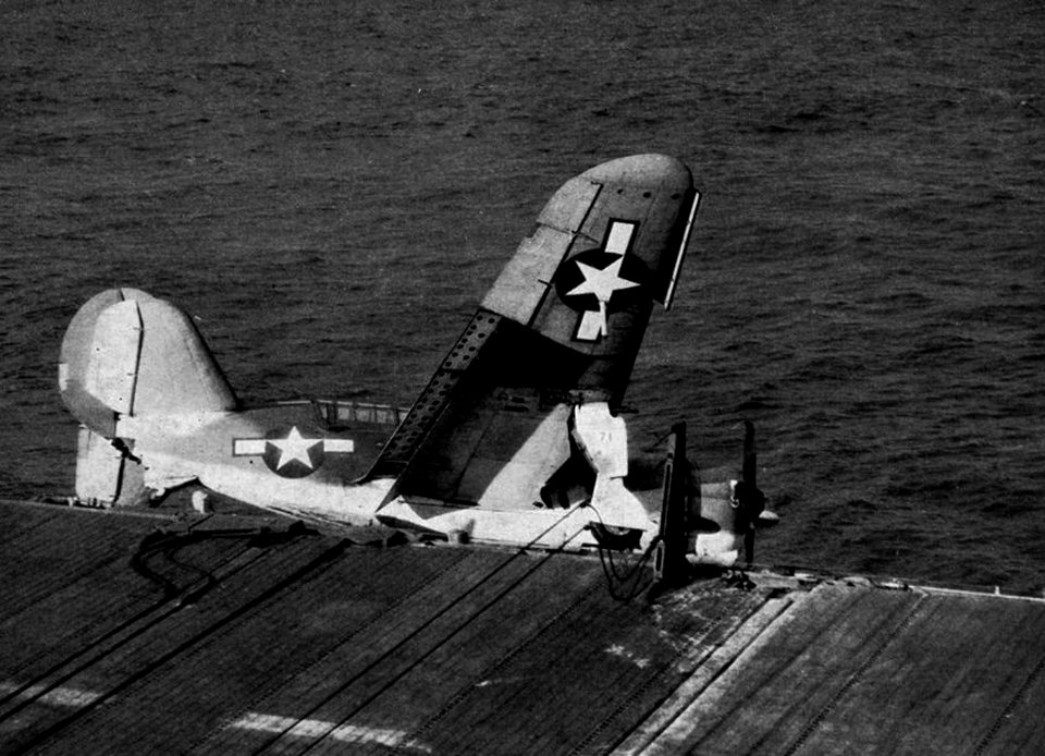 Curtiss SB2C Helldiver crashes aboard USS Shangri-La (CV-38), circa in 1945