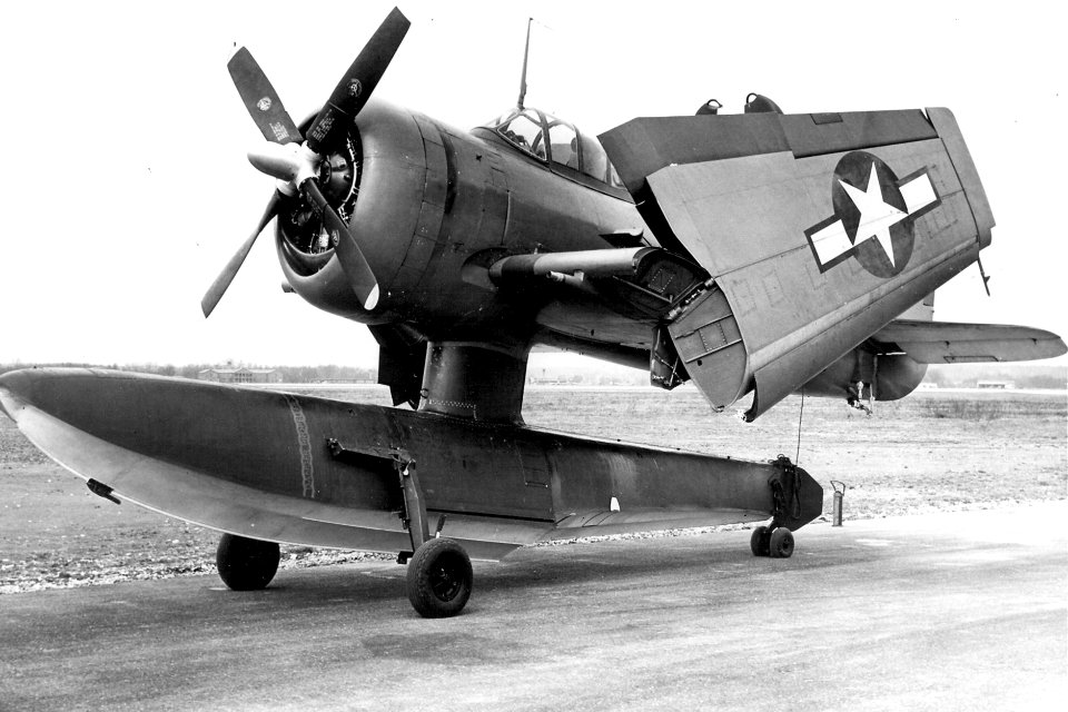 Curtiss SC-1 Seahawk parked with folded wings c1945