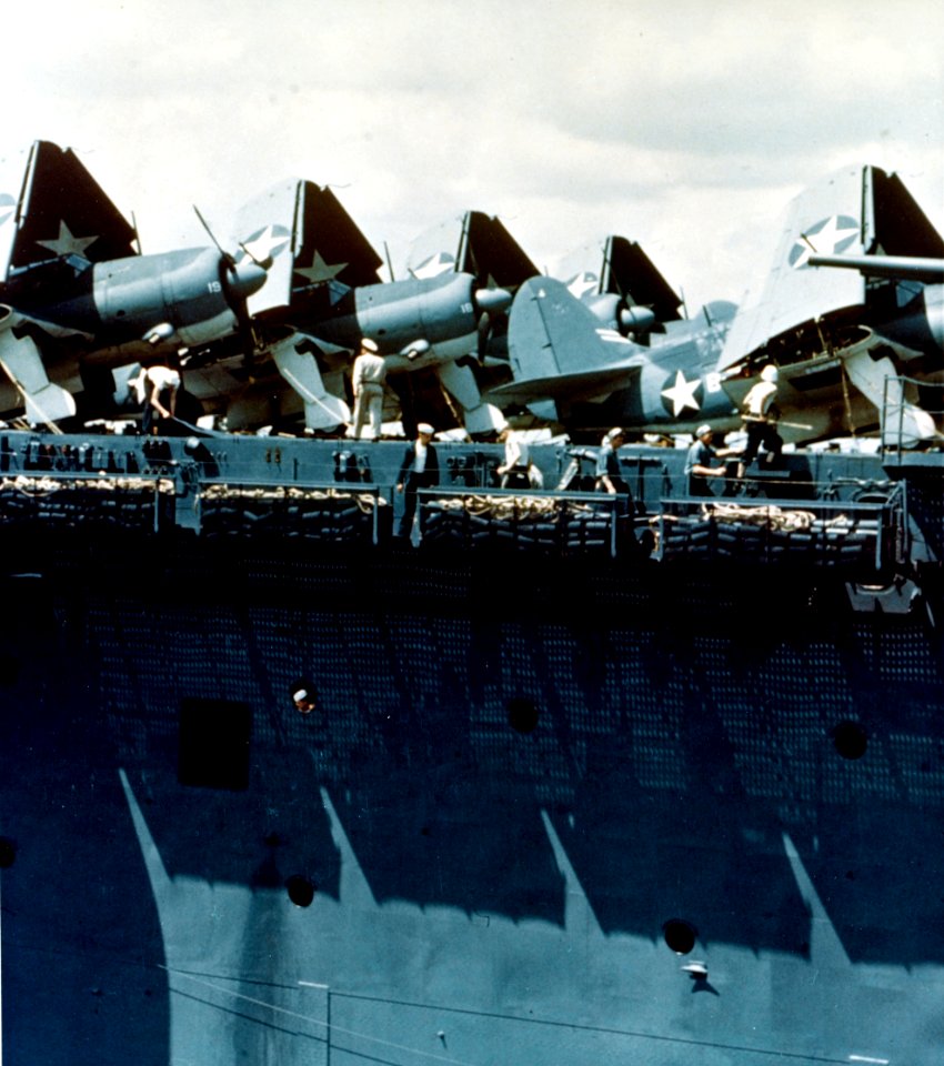 Curtiss SB2C-1 Helldivers on deck of USS Yorktown (CV-10), circa in May 1943 (80-G-K-15598)