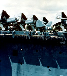 Curtiss SB2C-1 Helldivers on deck of USS Yorktown (CV-10), circa in May 1943 (80-G-K-15598) photo