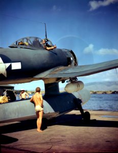 Curtiss SC-1 Seahawk pilot signals to beaching crew, circa in 1944 (80-G-K-15899)