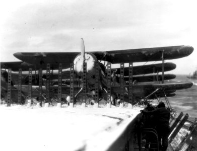 Curtiss SOC-3A Seagulls of VS-201 parked on the flight deck of USS Long Island (AVG-1), in January 1942 (80-G-13129)