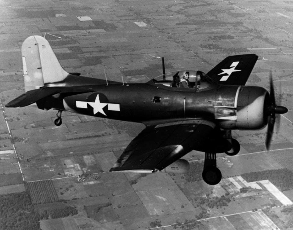 Curtiss SC-2 Seahawk with undercarriage in flight c1945