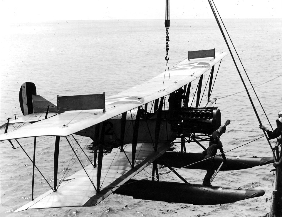 Curtiss R-6 on crane of seplane tender c1920
