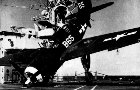 Curtiss SB2C Helldiver after hitting the crash barrier aboard USS Tripoli (CVE-64), in 1945