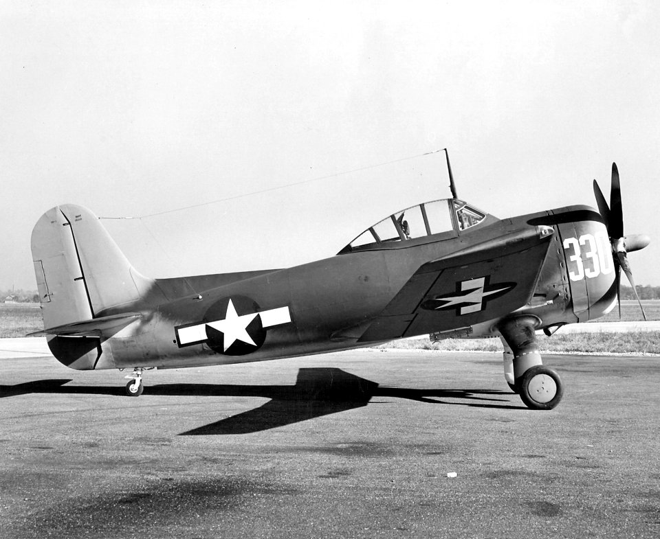 Curtiss SC-1 Seahawk on wheels parked c1945
