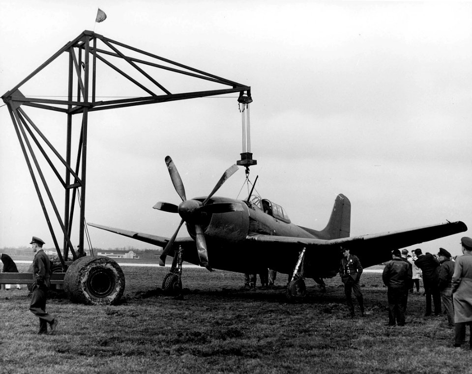 Curtiss XBTC-2 lifted by crane c1946