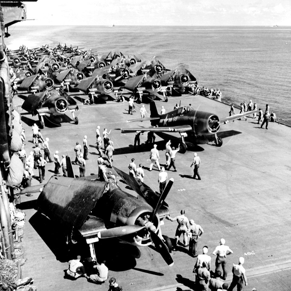 CVG-12 aircraft warm up for strike on USS Saratoga (CV-3) 1943