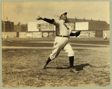 Cy Young, Boston AL, full-length portrait, standing, facing right, throwing baseball LCCN97518653 photo