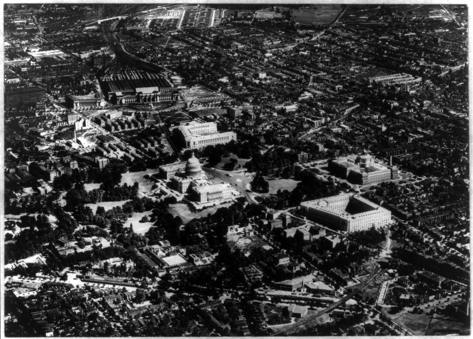 D.C. Washington. Capitol. Exterior. Aerial view, including rest of Capitol Hill and Union Station LCCN2007677032