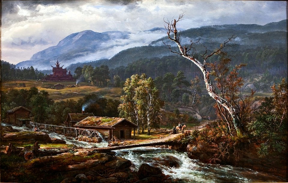 Johan Christian Claussen Dahl Landschaft bei Kaupanger mit Stabkirche