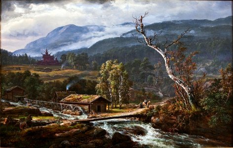 Johan Christian Claussen Dahl Landschaft bei Kaupanger mit Stabkirche