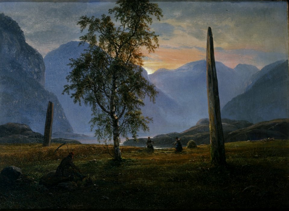 Johan Christian Claussen Dahl - Høyonn mellom bautasteiner på Nornes - Haymaking between Menhirs at Nornes