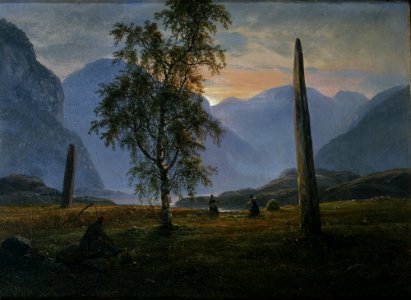 Johan Christian Claussen Dahl - Høyonn mellom bautasteiner på Nornes - Haymaking between Menhirs at Nornes