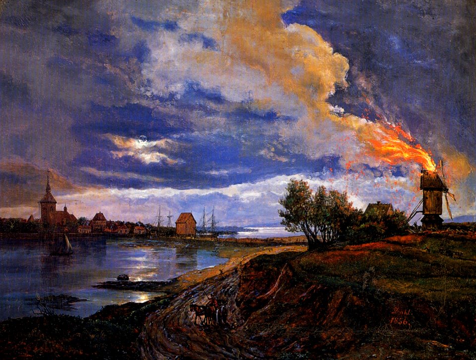 Johan Christian Claussen Dahl - Brennende mølle, Stege
