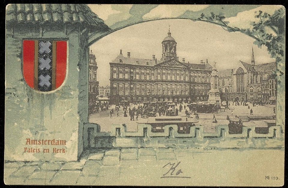 Dam met koninklijk paleis en rechts de Nieuwe Kerk. Uitgever Jos Nuss, Afb ANWU01678000006