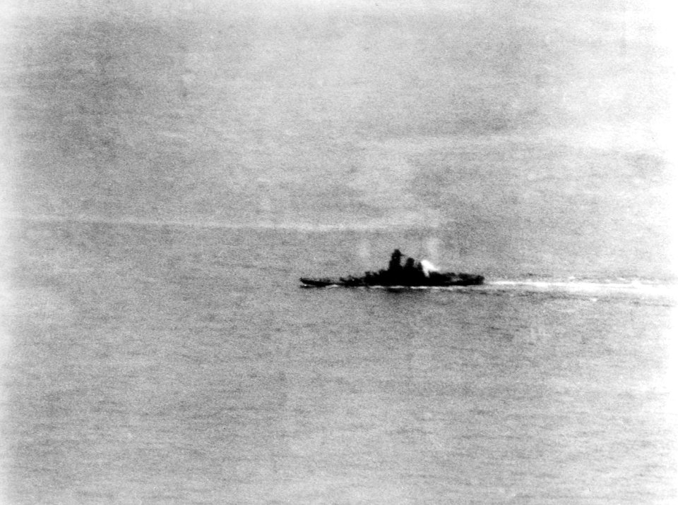 Damaged Japanese battleship Yamato underway on 7 April 1945 (NH 62580)