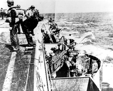 Damaged port forward gun gallery aboard USS Lexington (CV-2) on 8 May 1942 (80-G-16807)