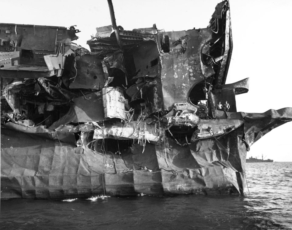 Damage to the port quarter of USS Independence (CVL-22) after the Able atmic bomb test, 23 July 1946 (80-G-627471)