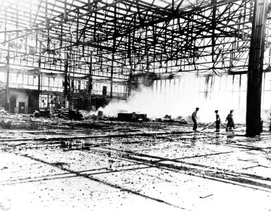 Damaged Midway seaplane hangar 1942