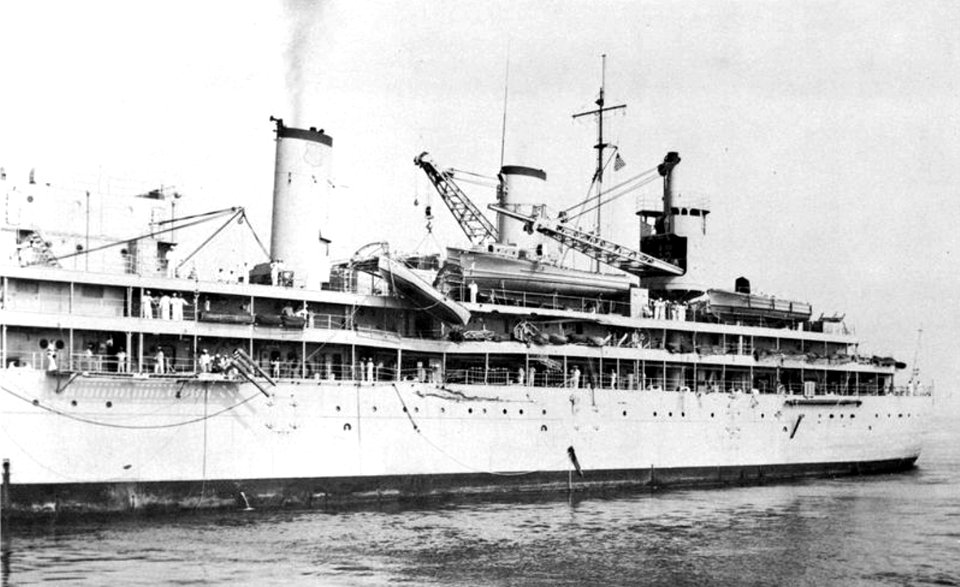 Damaged port side of USS Prairie (AD-15), in 1959