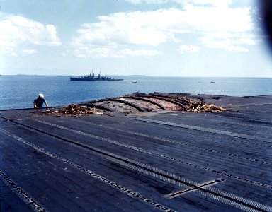 Damaged flight deck of USS Enterprise (CV-6) in August 1942 photo