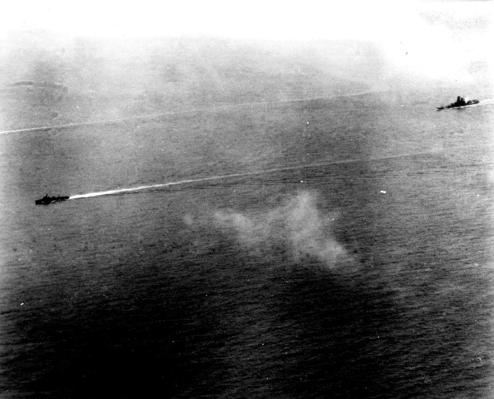 Damaged Japanese battleship Yamato underway with a destroyer on 7 April 1945 (NH 62585)
