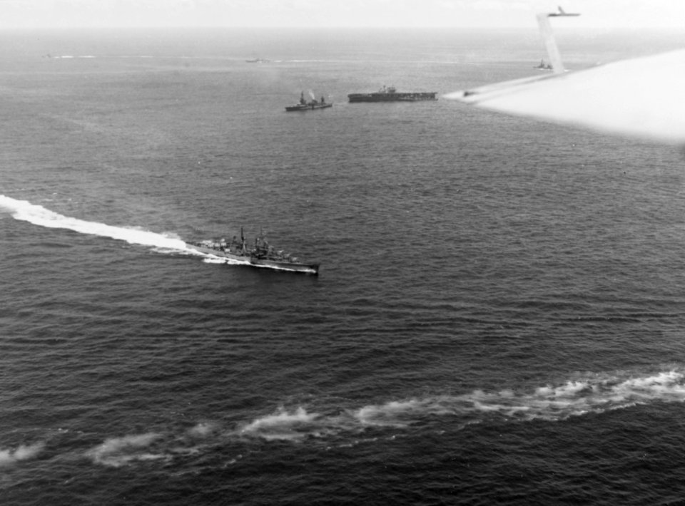 Damaged USS Hornet (CV-8) surrounded by cruisers during Battle of the Santa Cruz Islands 1942