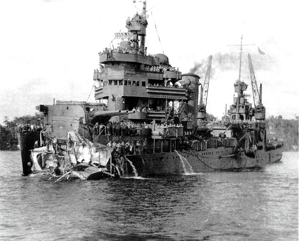 Damaged USS New Orleans (CA-32) reaching Tulagi on 1 December 1942