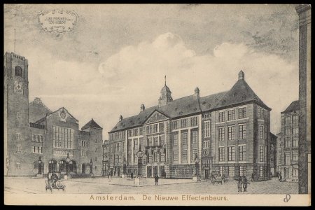 Damrak met het Beursplein en de Effectenbeurs. Links de beurs van Berlage. Uitgave J. Sleding, Afb PBKD00312000048