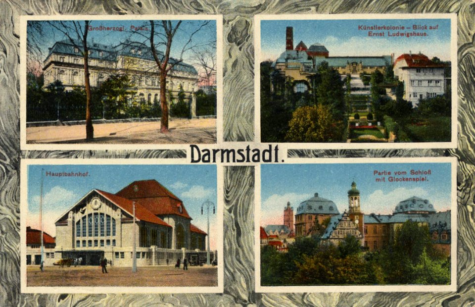 Darmstadt, Hessen - Großherzogl. Palais; Künstlerkolonie, Blick auf Ernst Ludwigshaus; Bahnhof (Zeno Ansichtskarten)