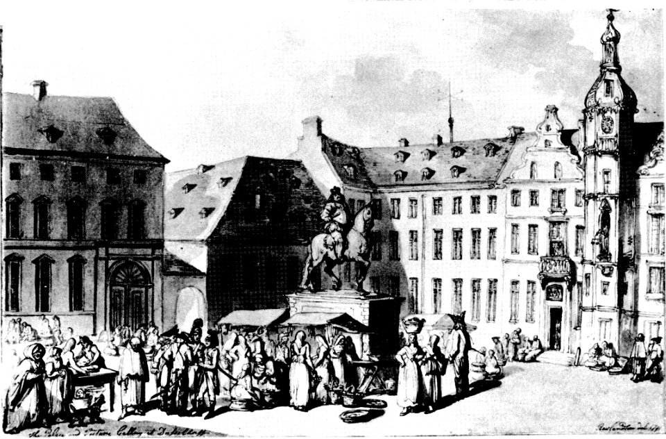 Das Düsseldorfer Stadtbild I 1585-1806 Marktplatz in Düsseldorf, Aquarell von Thomas Rowlandson, 1791