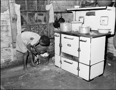 Daughter of Lawson Mayo, disabled miner, in the kitchen of the four room house in which two adult and ten children... - NARA - 540969 photo