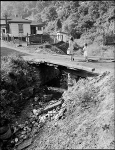 Daughters of miners carrying jug of water from hydrant near church to home up the hill (left). Note garbage and... - NARA - 540932