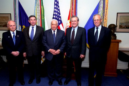 David Ivry, Paul Wolfowitz, Ariel Sharon, Donald Rumsfeld, and Martin Indyk