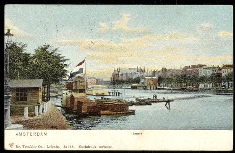 De Amstel met rechts de Amsteldijk en links de Weesperzijde bij de Singelgracht. Uitgever Dr. Trenkler Co. Leipzig, Afb ANWU01662000004