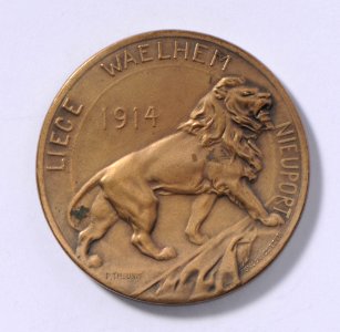 De Tous Les Gaulois, Les Plus Braves Sont Les Belges - Jules César - Liège Waelhem Nieuport 1914, medal by Pierre Theunis, Belgium, (1915), Coins and Medals Department of the Royal Library of Belgium, 2Lef 16 - 58 (verso)