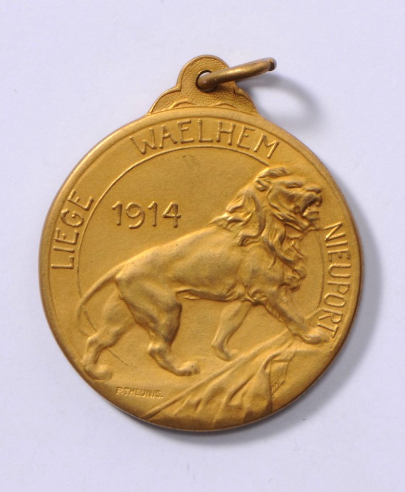 De Tous Les Gaulois, Les Plus Braves Sont Les Belges - Jules César - Liège Waelhem Nieuport 1914, medal by Pierre Theunis, Belgium, 1914, Coins and Medals Department of the Royal Library of Belgium, 2Lef 4 - 43 (verso)
