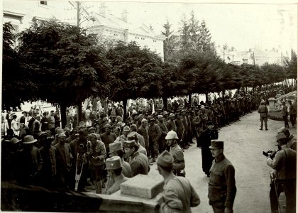 Die im Gefechte am 17. und 18. September 1915 bei der Stellung am Ravelnik gefangen genommen 2 Kompagnien des 6. Bersagliere Regimentes. (BildID 15461917)