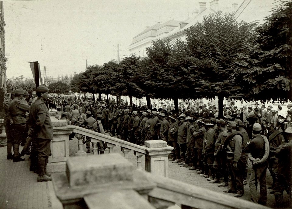 Die im Gefechte am 17. und 18. September 1915 bei der Stellung am Ravelnik gefangen genommen 2 Kompagnien des 6. Bersagliere Regimentes. Insgesammt 323 Mann und 2 Offiziere. Aufgenommen, am 21. Septem (BildID 15461924)